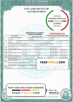 USA California state birth certificate template in PSD format, fully editable