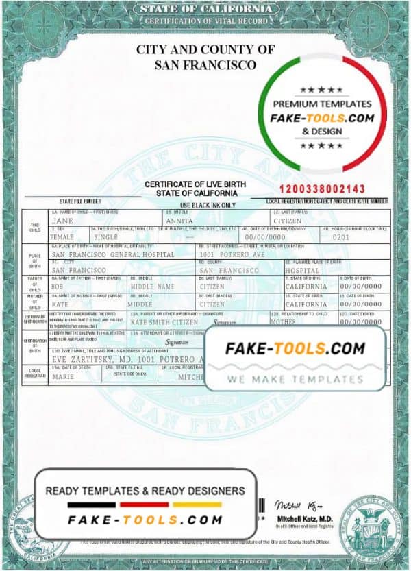 USA California state birth certificate template in PSD format, fully editable