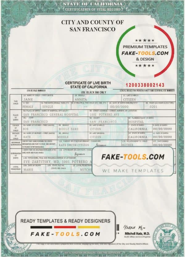 USA California state birth certificate template in PSD format, fully editable