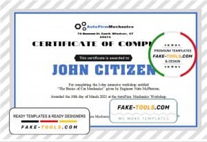 USA Car Workshop Experience  Certificate template in Word and PDF format