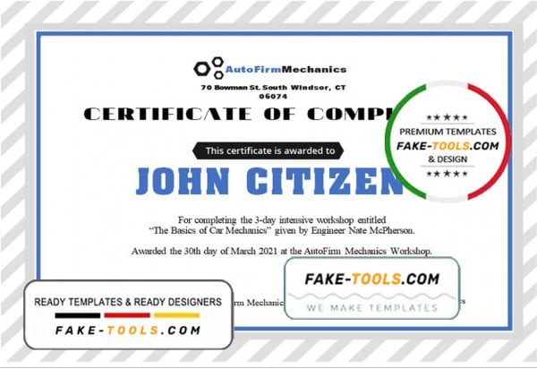 USA Car Workshop Experience  Certificate template in Word and PDF format