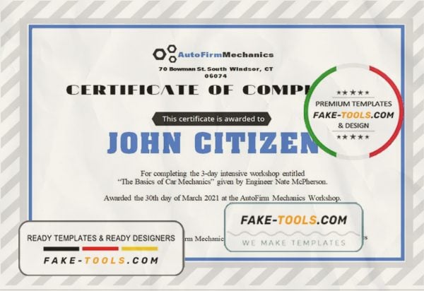 USA Car Workshop Experience  Certificate template in Word and PDF format