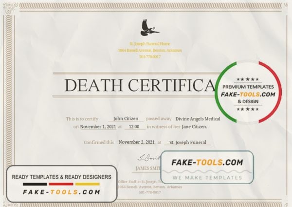 USA Certificate of Death template in Word and PDF format