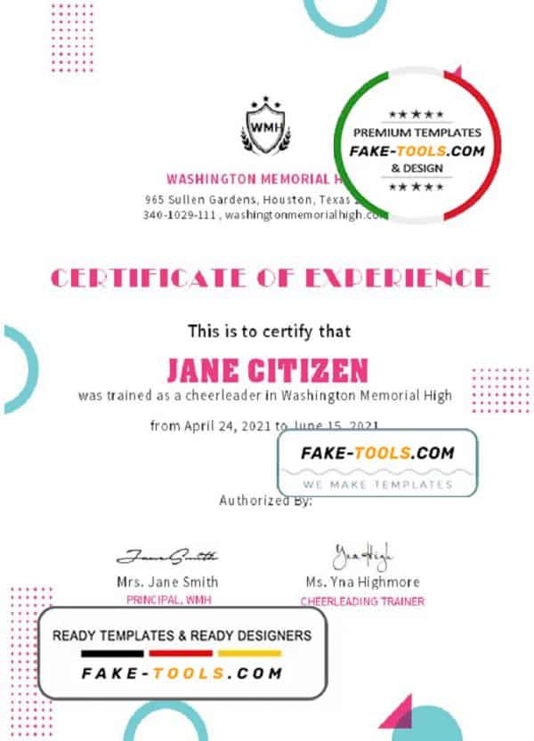 USA Cheerleader Certificate template in Word and PDF format