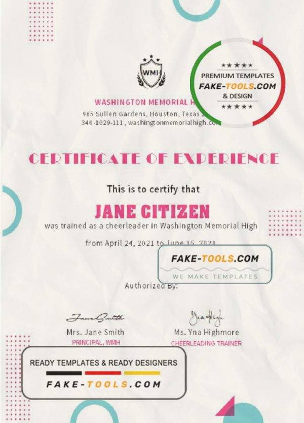 USA Cheerleader Certificate template in Word and PDF format