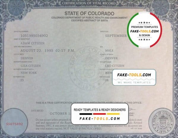 USA Colorado state birth certificate template in PSD format, fully editable