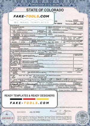 USA Colorado state death certificate template in PSD format, fully editable