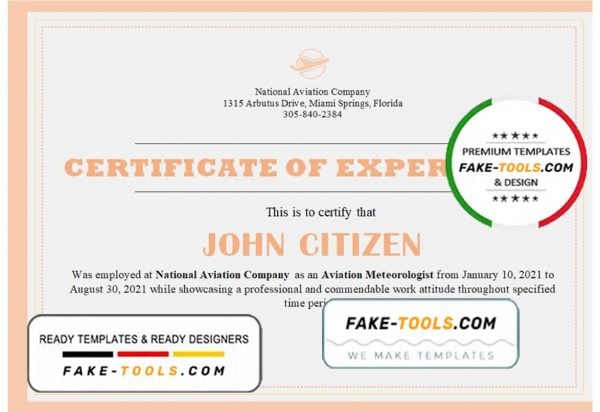USA Company Experience Certificate template in Word and PDF format