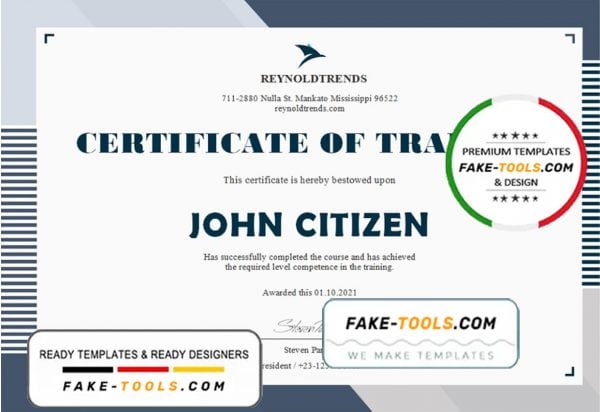 USA Company Training Certificate template in Word and PDF format