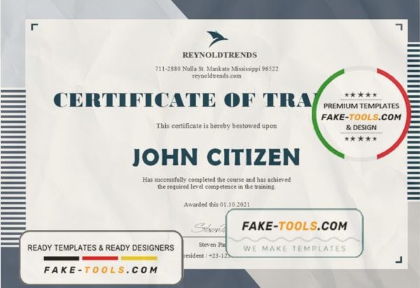 USA Company Training Certificate template in Word and PDF format