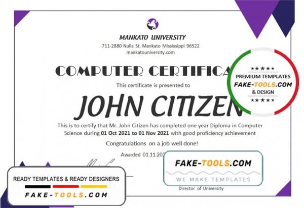 USA Computer Diploma Certificate template in Word and PDF format