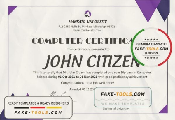 USA Computer Diploma Certificate template in Word and PDF format