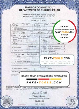 USA Connecticut state birth certificate template in PSD format, fully editable
