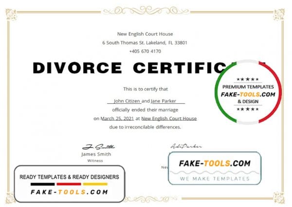 USA Divorce certificate template in Word and PDF format
