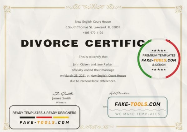 USA Divorce certificate template in Word and PDF format