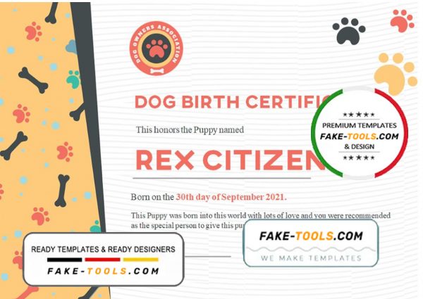 USA Dog Birth certificate template in Word and PDF format