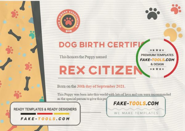 USA Dog Birth certificate template in Word and PDF format