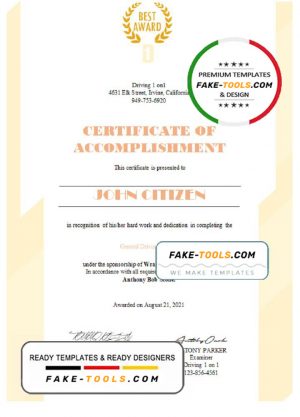 USA Driving Certificate template in Word and PDF format