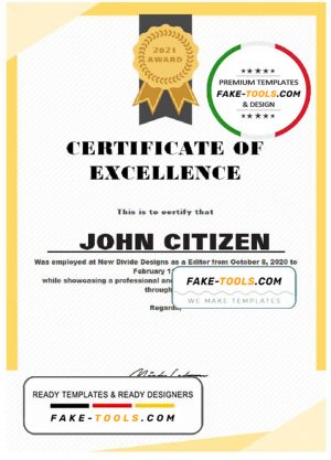 USA Excellence Certificate template in Word and PDF format