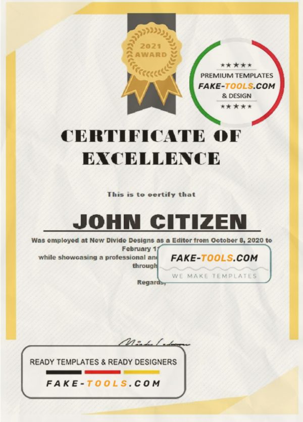 USA Excellence Certificate template in Word and PDF format