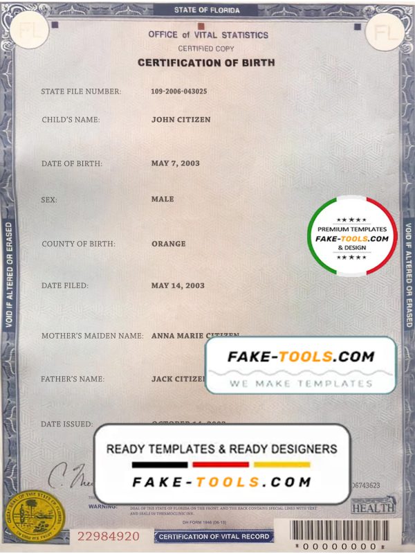 USA Florida state birth certificate template in PSD format, fully editable