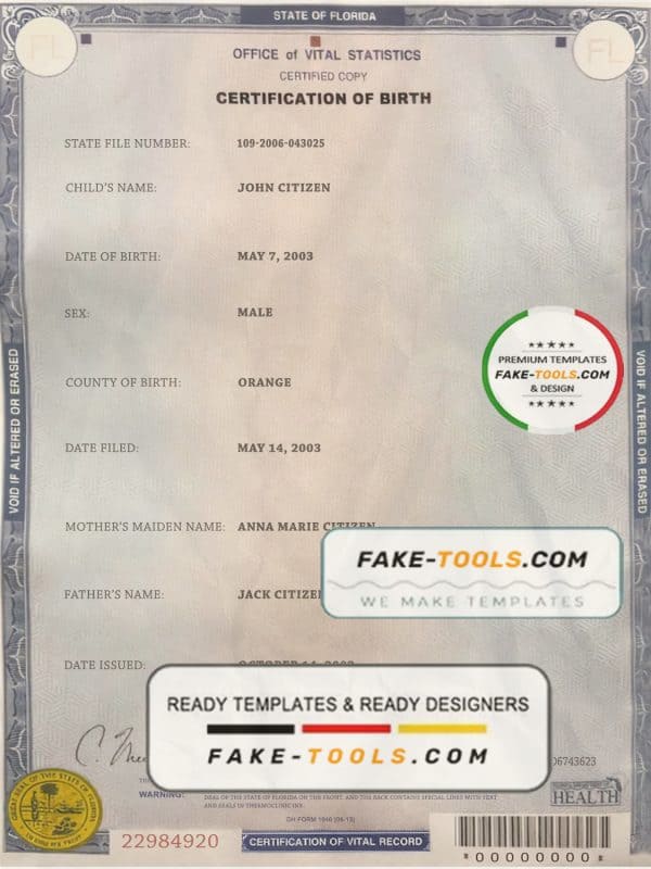 USA Florida state birth certificate template in PSD format, fully editable