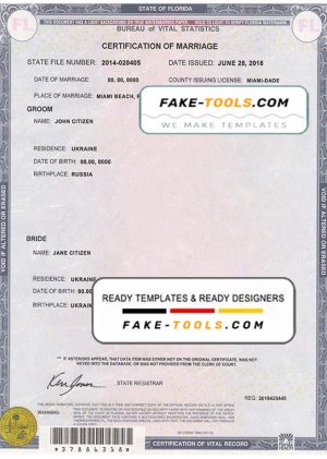 USA Florida state marriage certificate template in PSD format