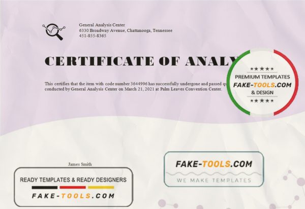 USA General Analysis certificate template in Word and PDF format