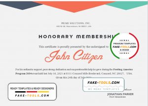 USA Honorary certificate template in Word and PDF format