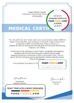 USA Hospital Medical certificate template in Word and PDF format