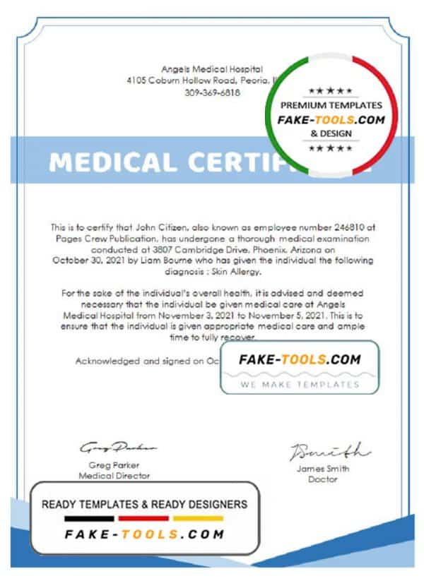 USA Hospital Medical certificate template in Word and PDF format