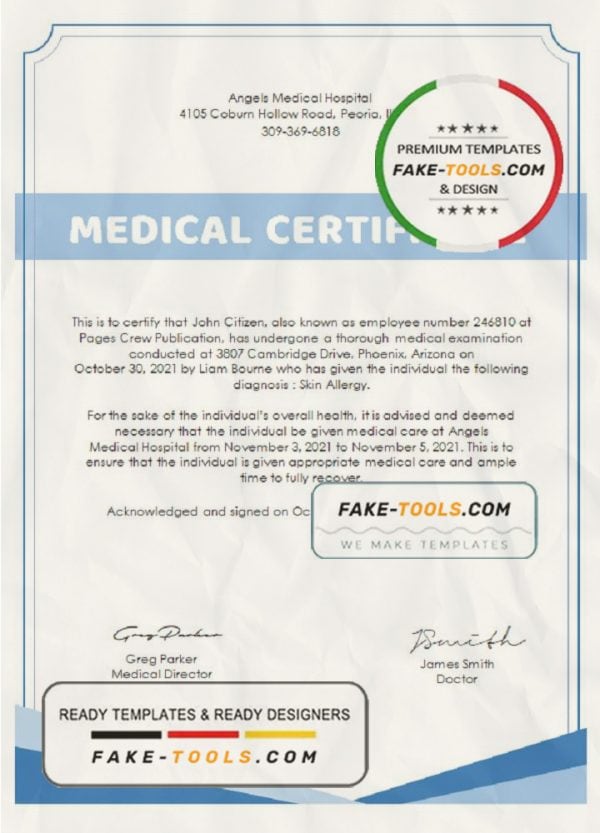 USA Hospital Medical certificate template in Word and PDF format
