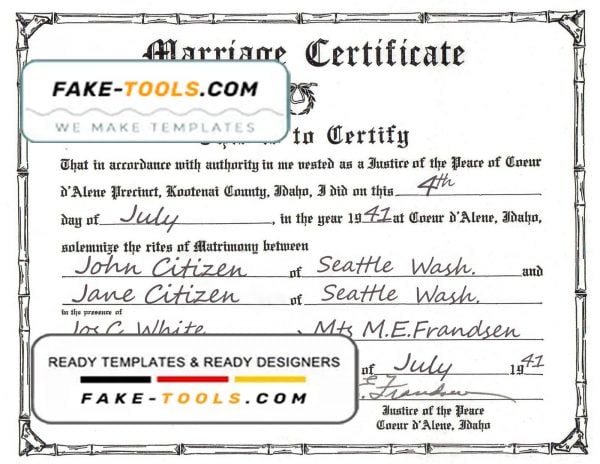 USA Idaho marriage certificate template in PSD format, fully editable
