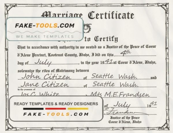 USA Idaho marriage certificate template in PSD format, fully editable