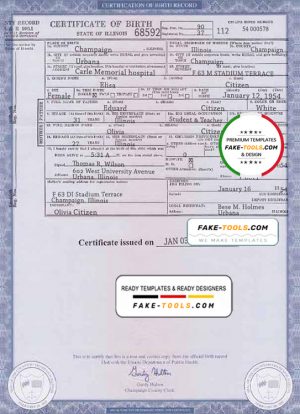 USA Illinois state birth certificate template in PSD format, fully editable
