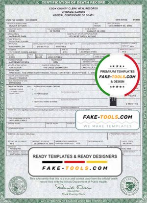 USA Illinois state death certificate template in PSD format, fully editable
