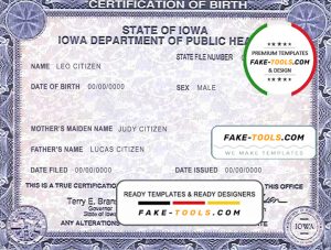 USA Iowa state birth certificate template in PSD format, fully editable