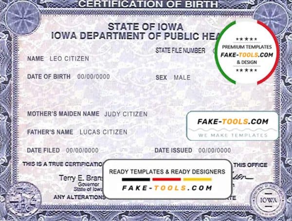 USA Iowa state birth certificate template in PSD format, fully editable