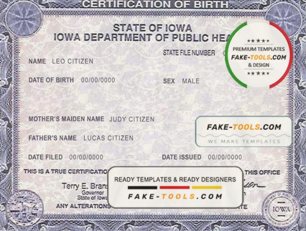 USA Iowa state birth certificate template in PSD format, fully editable
