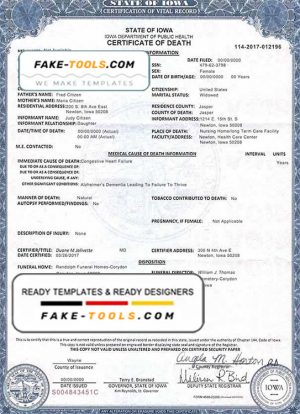 USA Iowa state death certificate template in PSD format, fully editable