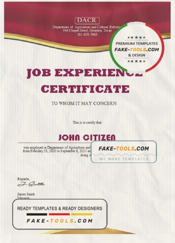 USA Job experience certificate template in Word and PDF format