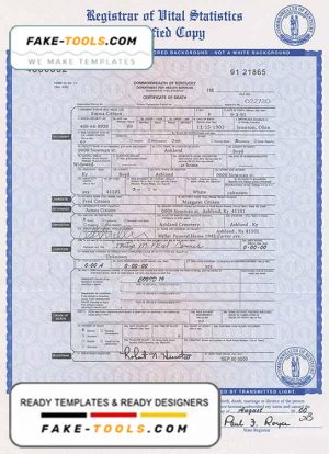 USA Kentucky state death certificate template in PSD format, fully editable