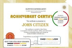 USA Kindergarten certificate template in Word and PDF format