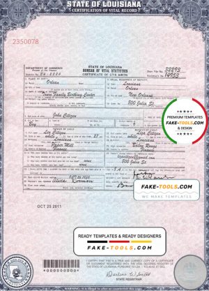 USA Louisiana state birth certificate template in PSD format, fully editable