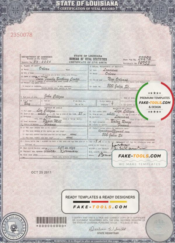 USA Louisiana state birth certificate template in PSD format, fully editable