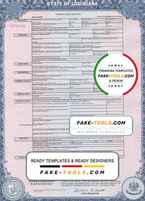 USA Louisiana state death certificate template in PSD format, fully editable