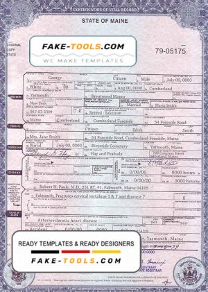 USA Maine state death certificate template in PSD format, fully editable