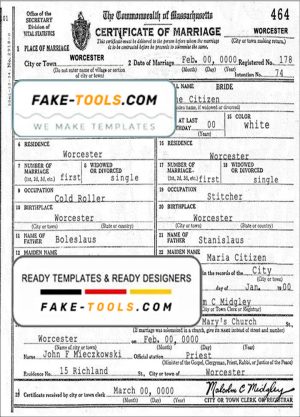 USA Massachusetts marriage certificate template in PSD format