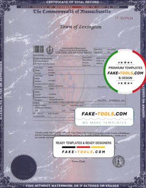 USA Massachusetts state birth certificate template in PSD format, fully editable