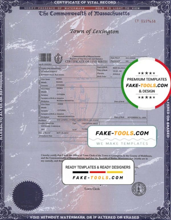 USA Massachusetts state birth certificate template in PSD format, fully editable